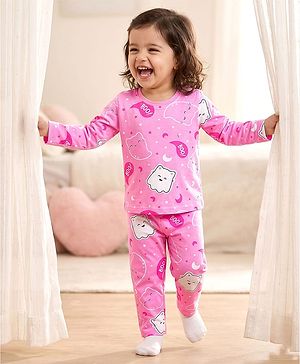 Babyhug Cotton Knit Full Sleeves Co-ords Night Suit with Kitty Print - Pink