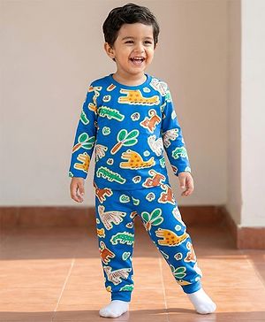 Babyhug Cotton Knit Full Sleeves Co-ords Night Suit With Tiger Print - Blue