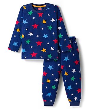 Babyhug Cotton Knit Full Sleeves Co-ord Night Suit With Star Print - Navy Blue