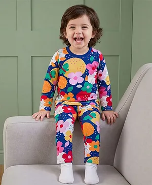 Babyhug Cotton Knit Full Sleeves
                              Co-ord Night Suit With Floral Print - Navy
                              Blue