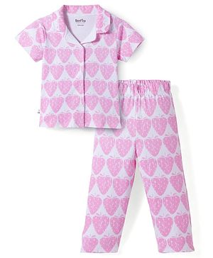 Bonfino 100% Cotton Knit Half Sleeves Co-ords Shirt & Pajama Night Suit with Strawberry Print - White & Pink