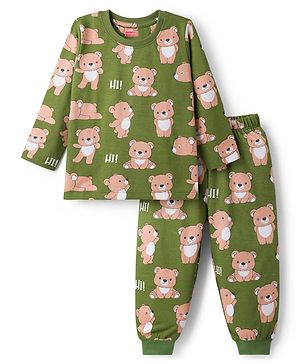 Babyhug Cotton Knit Full Sleeves T-Shirt & Lounge Pant Co-ords Night Suit With Bear Print - Green