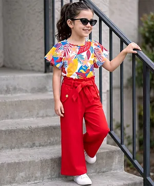 OLLINGTON ST. Cotton Knit Printed
                              Half Sleeves Top & Culottes Set with
                              Belt - Multicolor & Red