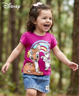 Babyhug Disney Single Jersey Knit Half Sleeves T-Shirt & Denim Skirt with Bambi Graphic & Badge Detailing - Purple & Blue