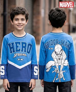 Pine Kids Marvel Single Jersey Knit Full Sleeves T-Shirt with Front & Back T-Shirt with Spiderman Graphic - Blue