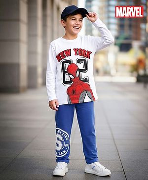 Pine Kids Marvel Terry Knit Full Sleeves Oversized T-Shirt & Track Pant with Spider-Man Graphic & Badge Detailing - White & Blue