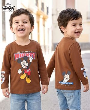 Babyhug Disney Single Jersey Knit Full Sleeves T-Shirt with Mickey Mouse Front & Back Graphic - Brown