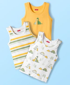 Babyhug 100% Cotton Knit Sleeveless Sando with Dino Print Pack of 3 - Multicolor