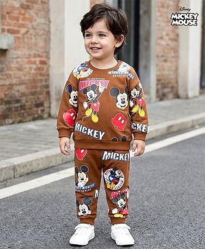 Babyhug Disney Terry Knit Full Sleeves Co-ords T-Shirt & Lounge Pant Set with Mickey Mouse Print - Brown