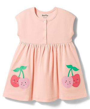 Bonfino  100% Cotton Knit Sleeveless Extented Shoulder Dress with Embroidery- Pink