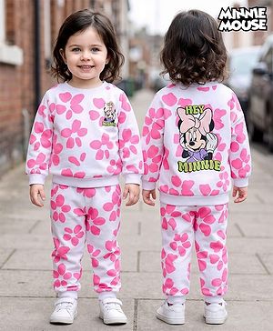 Babyhug Disney Terry Knit Full Sleeves T-Shirt & Track Pant with Minnie Mouse Graphic & Badge Detailing - White
