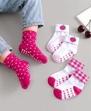 Cute Walk by Babyhug Non Terry Knit Ankle Length Anti Skid Anti Bacterial Socks With Polka Dot Design Pack Of 3 - Pink & White