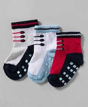 Cute Walk by Babyhug Non Terry Knit Ankle Length Anti Skid Anti Bacterial Socks With Design Pack Of 3 - Red White & Light Blue