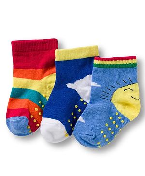 Cute Walk by Babyhug Non Terry Knit Ankle Length Anti Bacterial Anti Skid Socks With Cloud Print Pack Of 3 - Blue Red & Light Blue