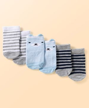 Cute Walk by Babyhug Non Terry Knit Ankle Length Anti Bacterial Anti Skid Socks With Stripes Pack Of 3 - Light Blue Black & Grey