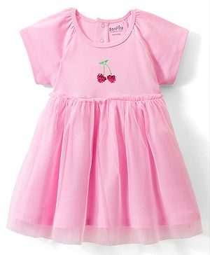 Bonfino Cotton Knit Half Raglan Sleeves Dress with Mesh & Sequin Detailing - Pink