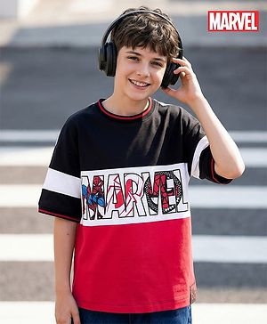 Pine Kids Marvel Terry Knit Drop Shoulder Half Sleeves Cut & Sew T-Shirt Spiderman Graphic - Multicolor