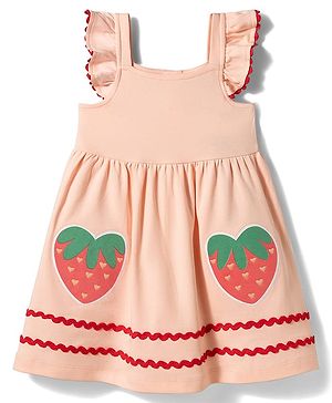 Bonfino 100% Cotton Knit Flutter Sleeves Dress with Strawberry Patch & Embroidery - Pink