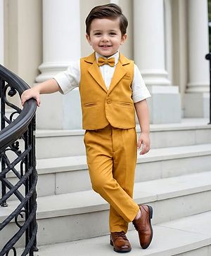 Babyhug Knit Full Sleeves Solid Color 3 Piece Party Suit with Bow - Yellow