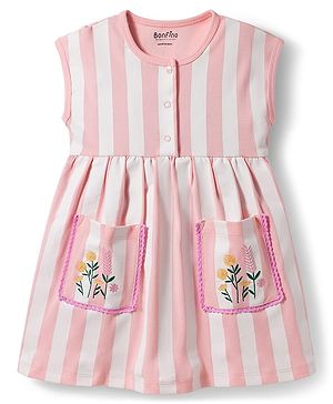 Bonfino 100% Cotton Knit Sleeveless Extended Shoulder Frock With Stripes & Floral Embroidered Pockets  - Pink