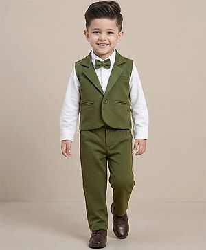 Babyhug Knit Full Sleeves Solid Color 3 Piece Party Suit with Bow - Olive Green & White