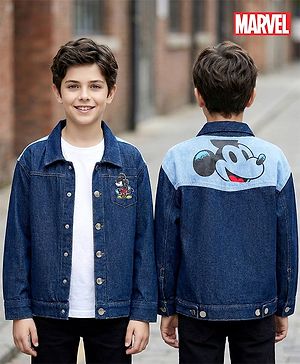 Pine Kids Disney Full Sleeves Front Button Cut & Sew Denim Jacket with Front & Back Mickey Mouse Graphic - Navy Blue