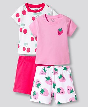 Bonfino 100% Cotton Knit Half Sleeves Fruit Printed T-Shirt & Shorts Night Suit Pack of 2 - Pink & White