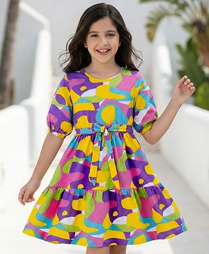Pine Kids Cotton Knit Half Puffed Sleeves Printed Frock -Multicolor