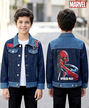 Pine Kids Marvel Full Sleeves Front Button Cut & Sew Denim Jacket with Front & Back Spiderman Graphic - Navy Blue