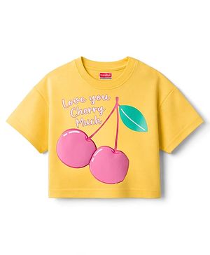 Babyhug Cotton Knit Drop Shoulder Half Sleeves Oversized T-Shirt With Cherry Print - Yellow