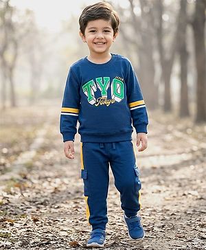 Babyhug Terry Knit Full Sleeves T-Shirt & Trouser Set With Tokyo Print - Blue