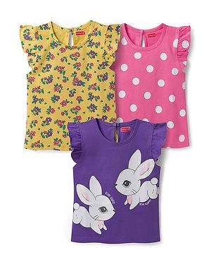 Babyhug Cotton Knit Frill Sleeves T-Shirt With Polka Dot & Floral Print Pack Of 3 - Pink Purple & Yellow