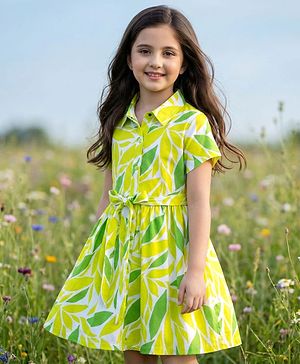 Pine Kids Cotton Knit Half Sleeves Frock with Leaves Print - Limegreen