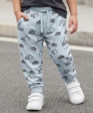 Babyhug Single Jersey Knit Full Length Lounge Pant with Vehicle Print - Light Blue