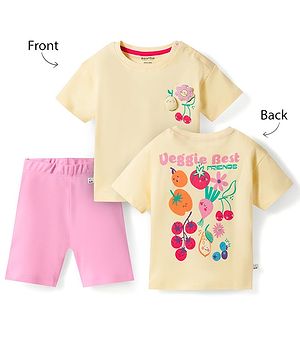 Bonfino 100% Cotton Knit Half Sleeves Oversized T-Shirt & Shorts Set with Front & Back Fruit Print with 3D Applique - Yellow & Pink