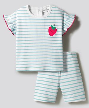 Bonfino 100% Cotton Knit Half Sleeves Striped T-Shirt & Shorts Set with Strawberry Patch-Light Blue