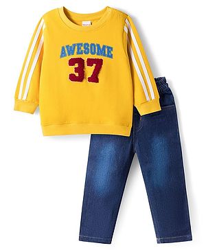 Babyhug Terry Knit Full Sleeves T-Shirt & Denim Jeans Set with Awesome Print - Yellow & Blue