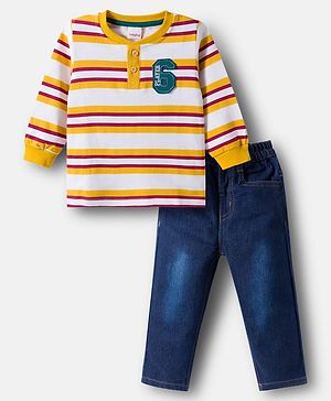 Babyhug Terry Knit Full Sleeves Striped T-Shirt & Denim Jeans Set with Patch Detailing -Blue