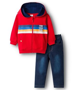 Babyhug Terry Knit Full Sleeves Hooded T-Shirt & Denim Jeans Set with Find Your Fun Print -Blue & Red