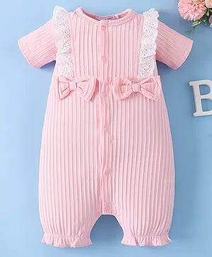 Mark & Mia Cotton Half Sleeves
                              Front Open Romper with Bow Applique -
                              Pink
