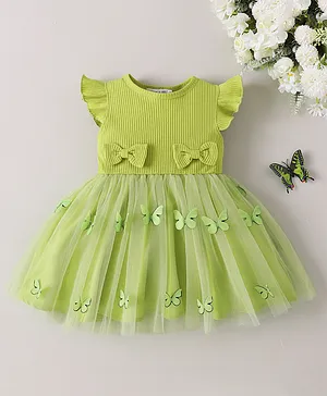 Mark & Mia Frill Sleeves Party
                              Dress with Bow & Butterfly Applique -
                              Green