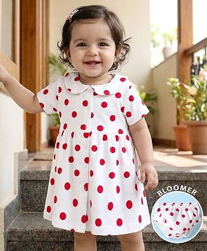 Babyhug 100% Cotton Knit Half Sleeves Polka Dots Printed Frock With Bloomer - White & Red