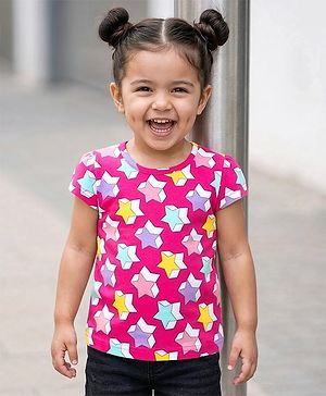 Babyhug Cotton Knit Half Sleeves T-Shirt with Star Print - Pink