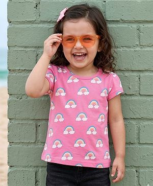Babyhug Cotton Knit Half Cap Sleeves T-Shirt with Rainbow Print - Pink