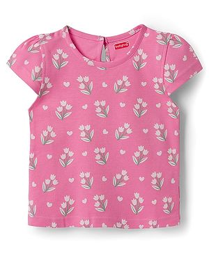 Babyhug Cotton Knit Half Cap Sleeves T-Shirt with Floral Print - Pink