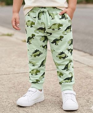 Babyhug Single Jersey Knit Full Length Lounge Pant with Dino Print - Light Green