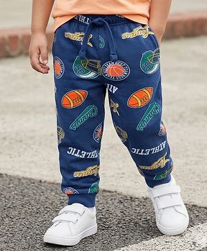 Babyhug Single Jersey Knit Full Length Lounge Pant with Sport Print - Navy Blue