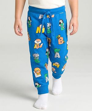 Babyhug Single Jersey Knit Full Length Lounge Pant With Animal & Alphabet Print - Blue