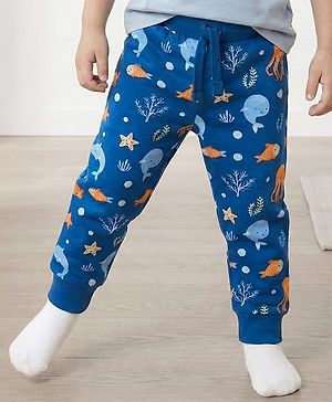 Babyhug Single Jersey Knit Full Length Lounge Pant With Sea Animals Print - Navy Blue