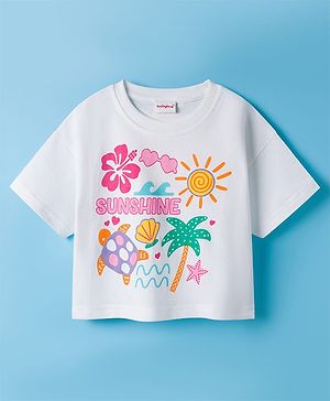 Babyhug Cotton Knit Half Sleeves Oversized T-Shirt with Tropical Theme Print - White
